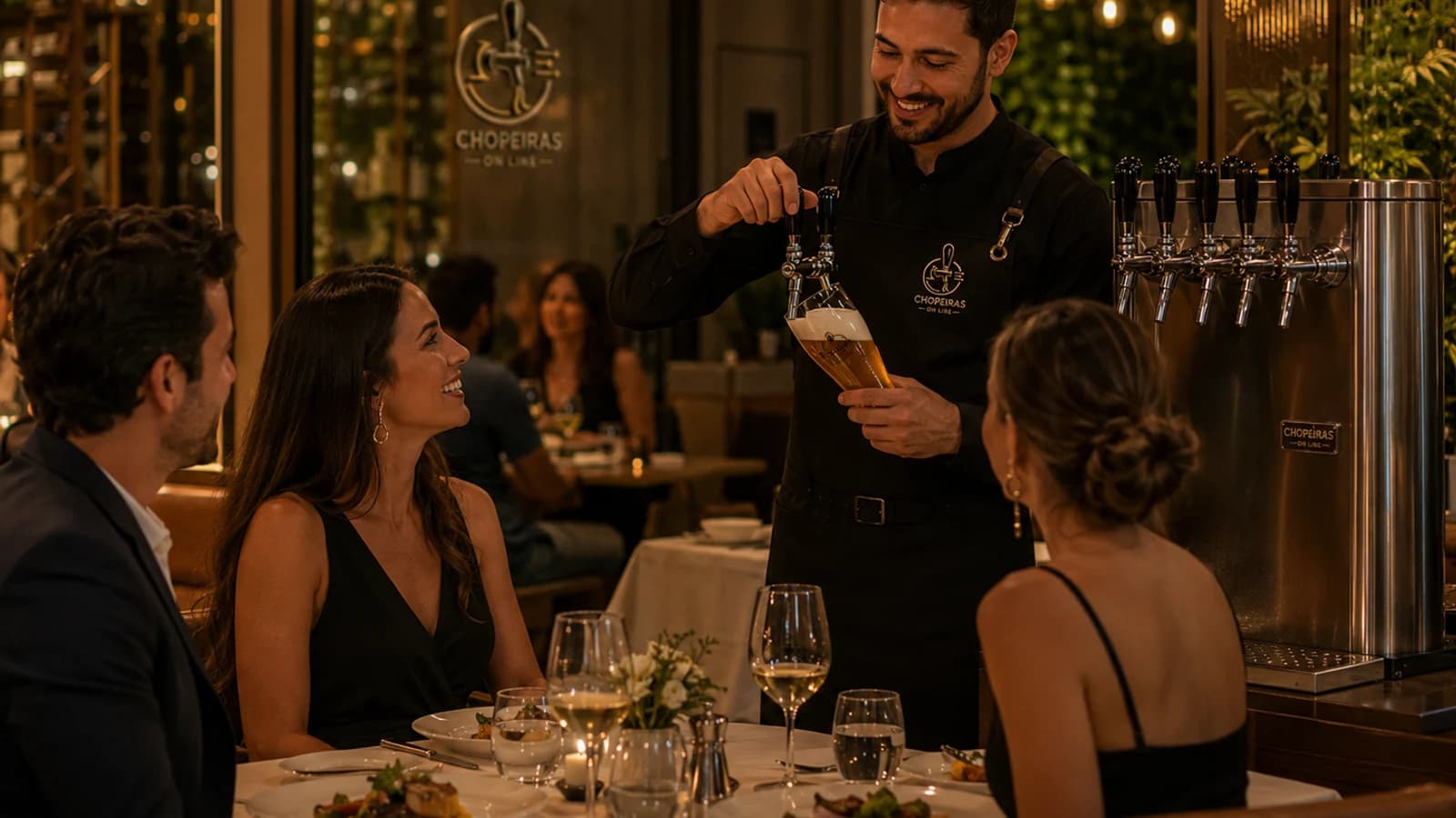 Garçom servindo chope da Chopeiras On Line à mesa em restaurante